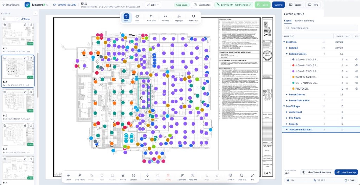 MeasureX AI takeoff viewer with HVAC markups on a floor plan